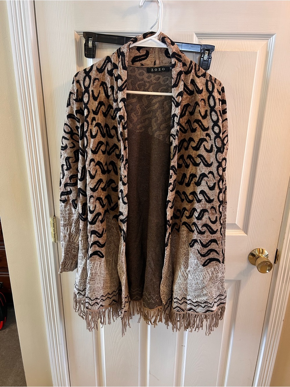 ZOZO Beige Patterned Fringe Open-Front Cardigan
